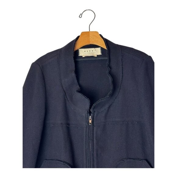 Marni Coat Women 4 Navy Blue Wool Full Zip Patchwork Raw Seams Jacket Outdoor - Picture 3 of 13